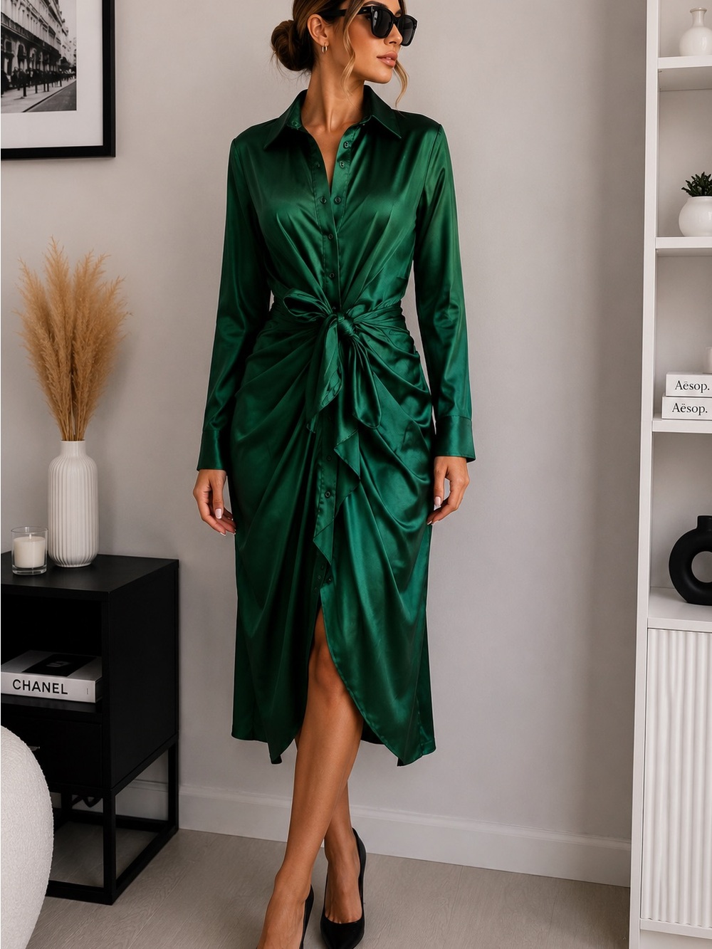 Emerald Satin Knot Front Shirt Dress ✨